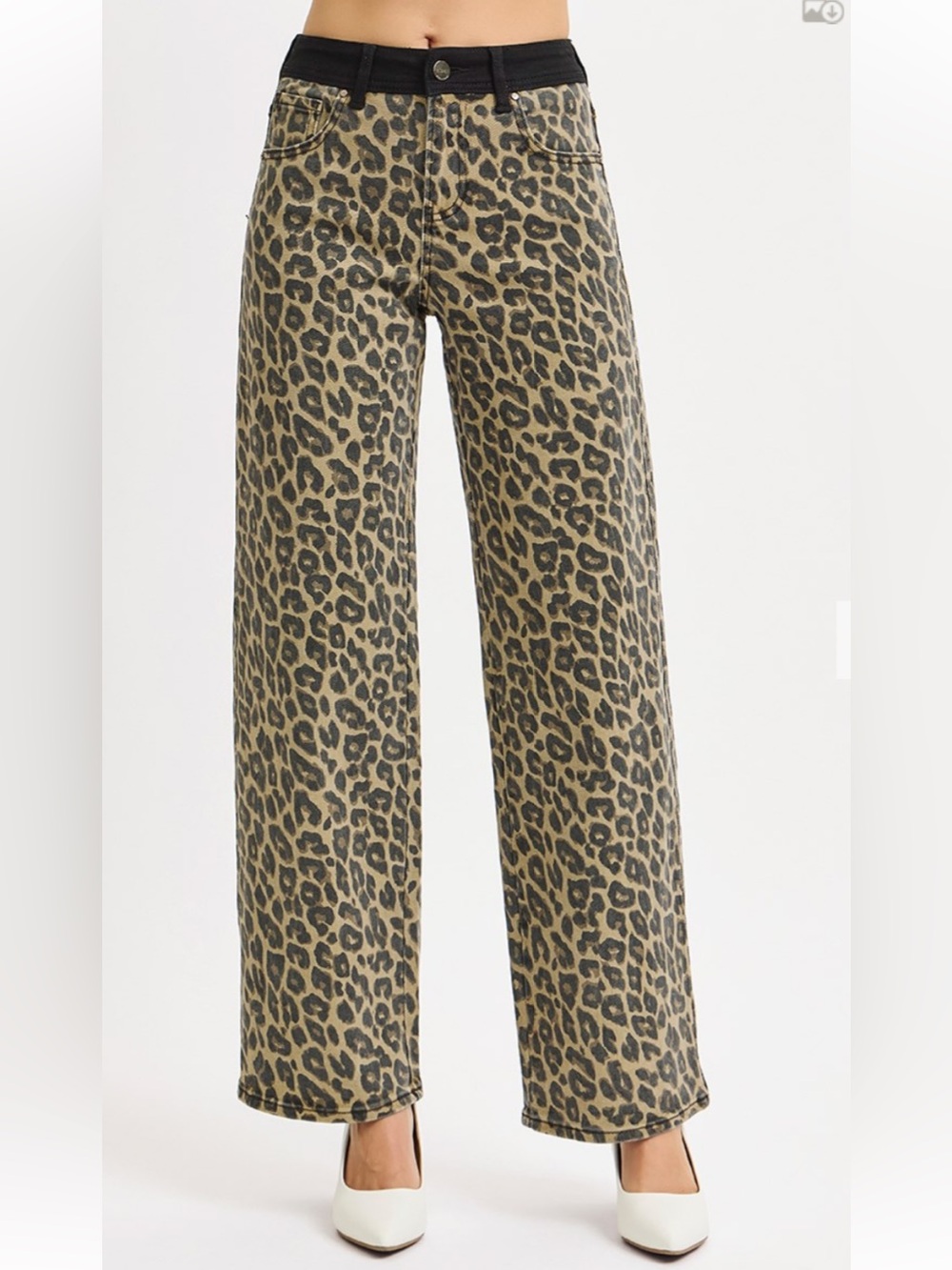 318 RISEN HIGH RISE WIDE LEG LEOPARD PRINTED CONTRAST WB DETAIL PANTS